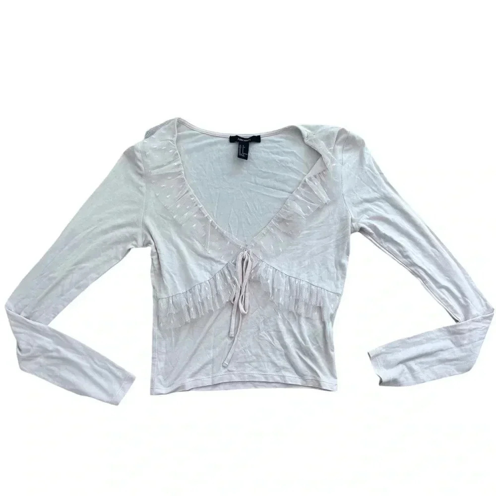 Baby Pink Low Cut Top with Ruffles long sleeve top, Size Small
